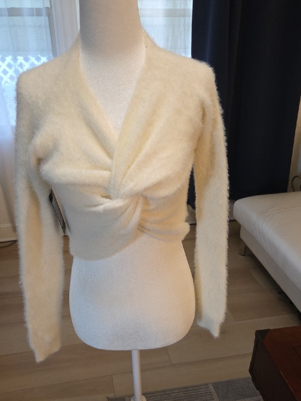 Etiquette Clothiers Cream Fuzzy Cropped Twist-Front Shrug